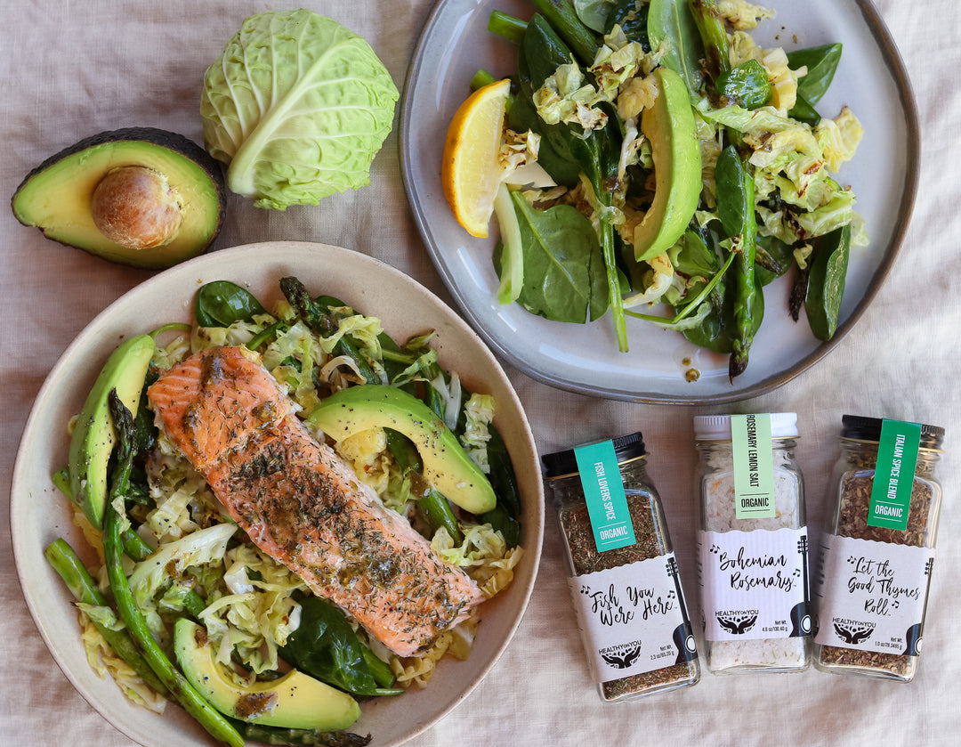 Spring Charred Vegetables with Roasted Salmon