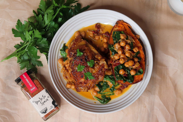 braised chicken and chickpeas in lemony coconut sauce
