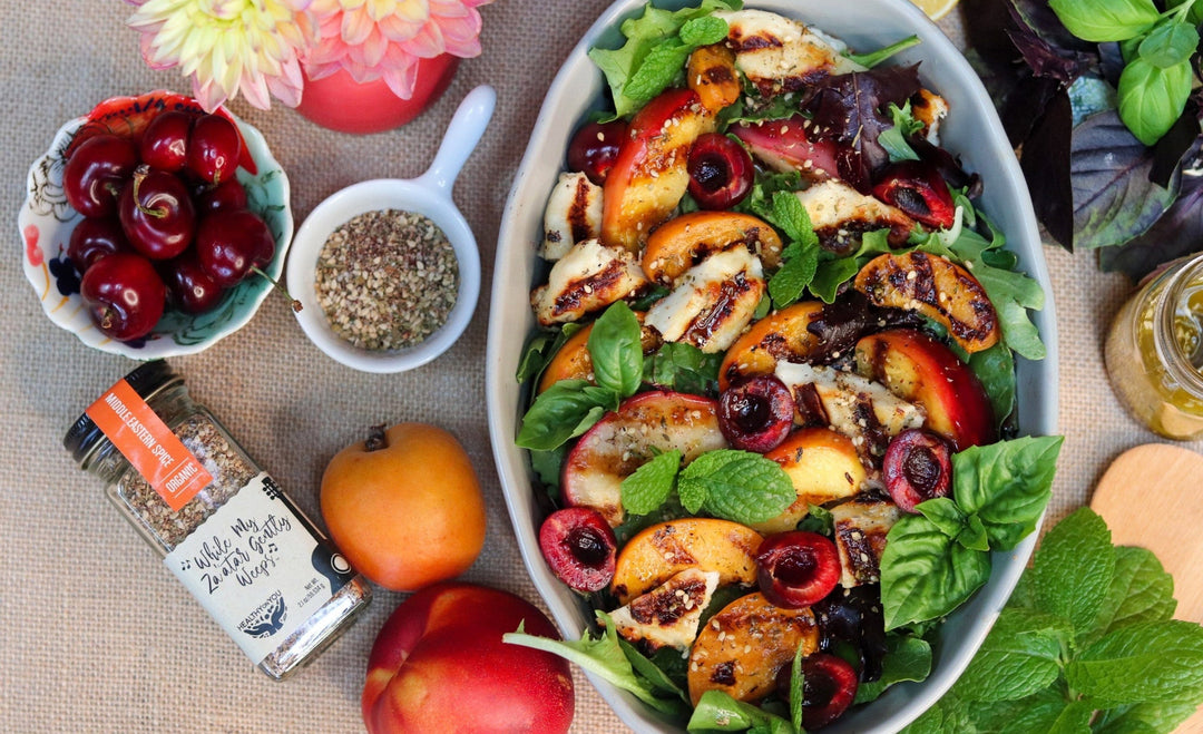 grilled stone fruit & halloumi salad with za’atar spiced vinaigrette