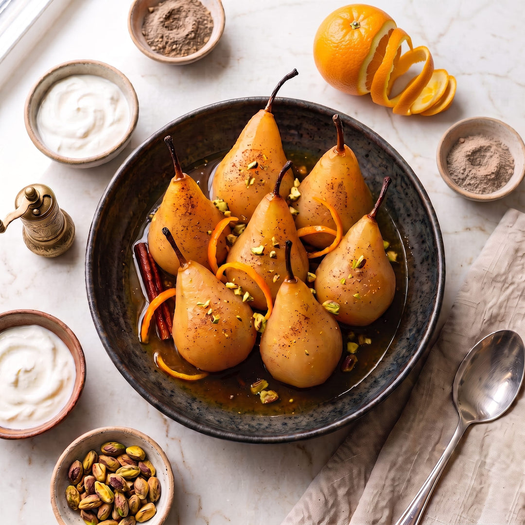 Poached Pears in Zest of Both Worlds Syrup