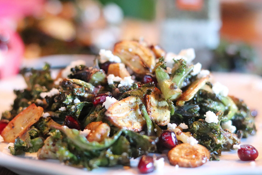 Crispy Kalette Salad with Garlic and Pomegranate