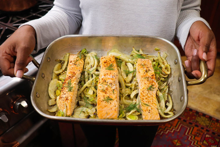savory smoky salmon on a bed of leeks and fennel
