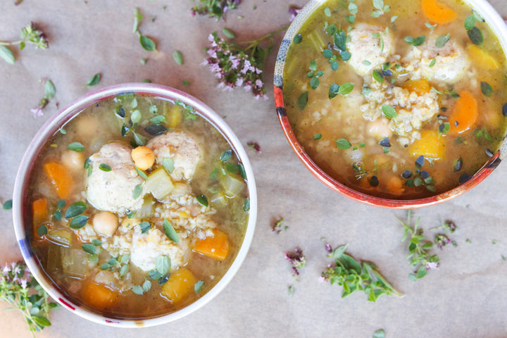 freekeh soup with herby chicken apple meatballs