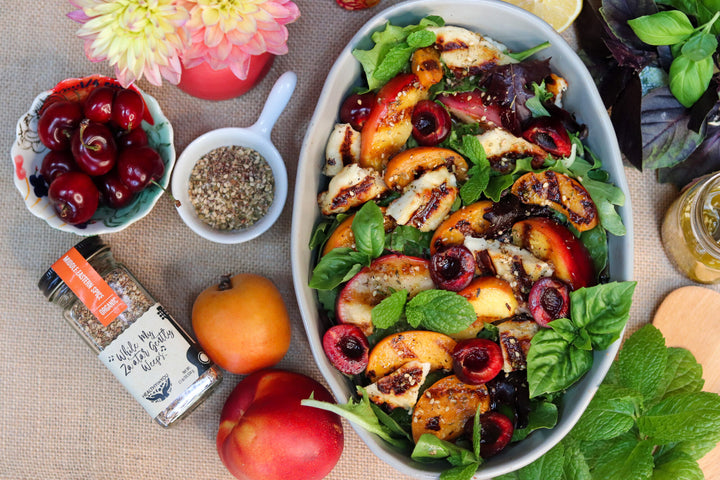 grilled stone fruit and halloumi salad with zaatar spiced vinaigrette