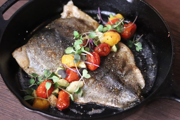 pan seared trout with roasted vegetables