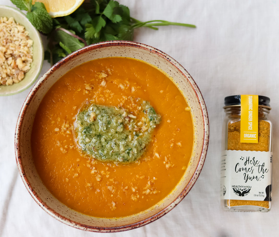 Carrot and Asian Pear Soup with Mint Pistou and Walnuts