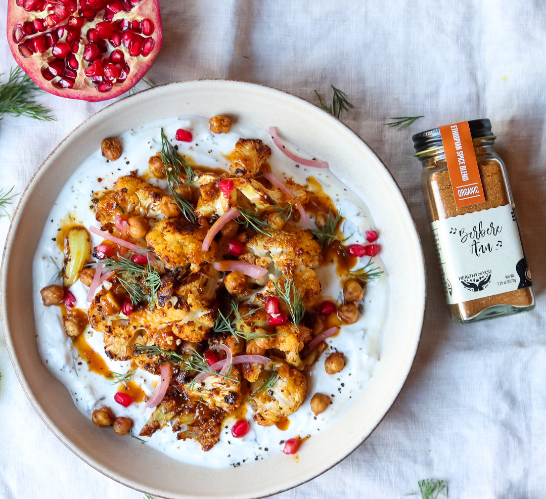 Berbere Spiced Cauliflower & Chickpeas with Ginger Yogurt