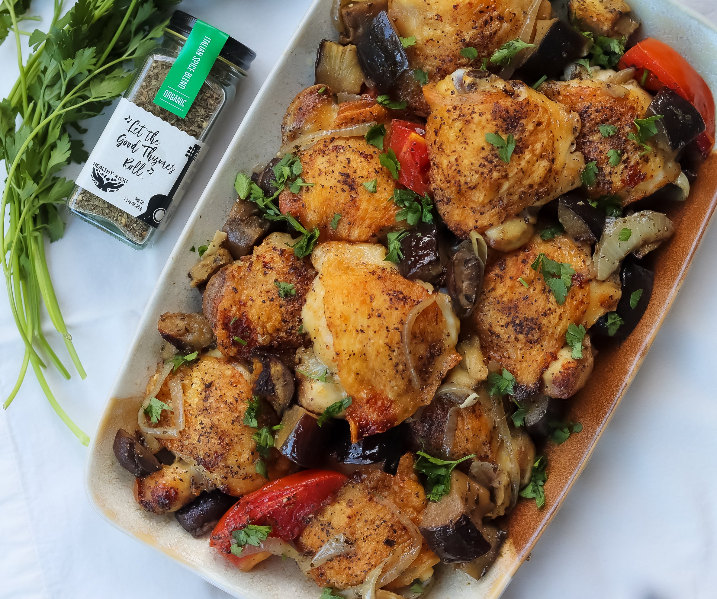 Roasted Chicken Thighs with Tomato and Eggplant