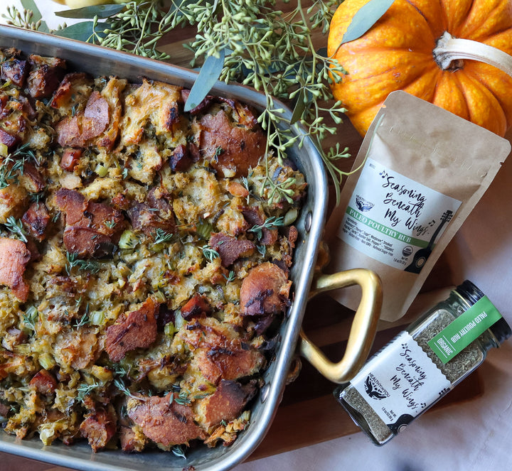 Sourdough Stuffing with Chicken Apple Sausage with Seasoning Beneath My Wings