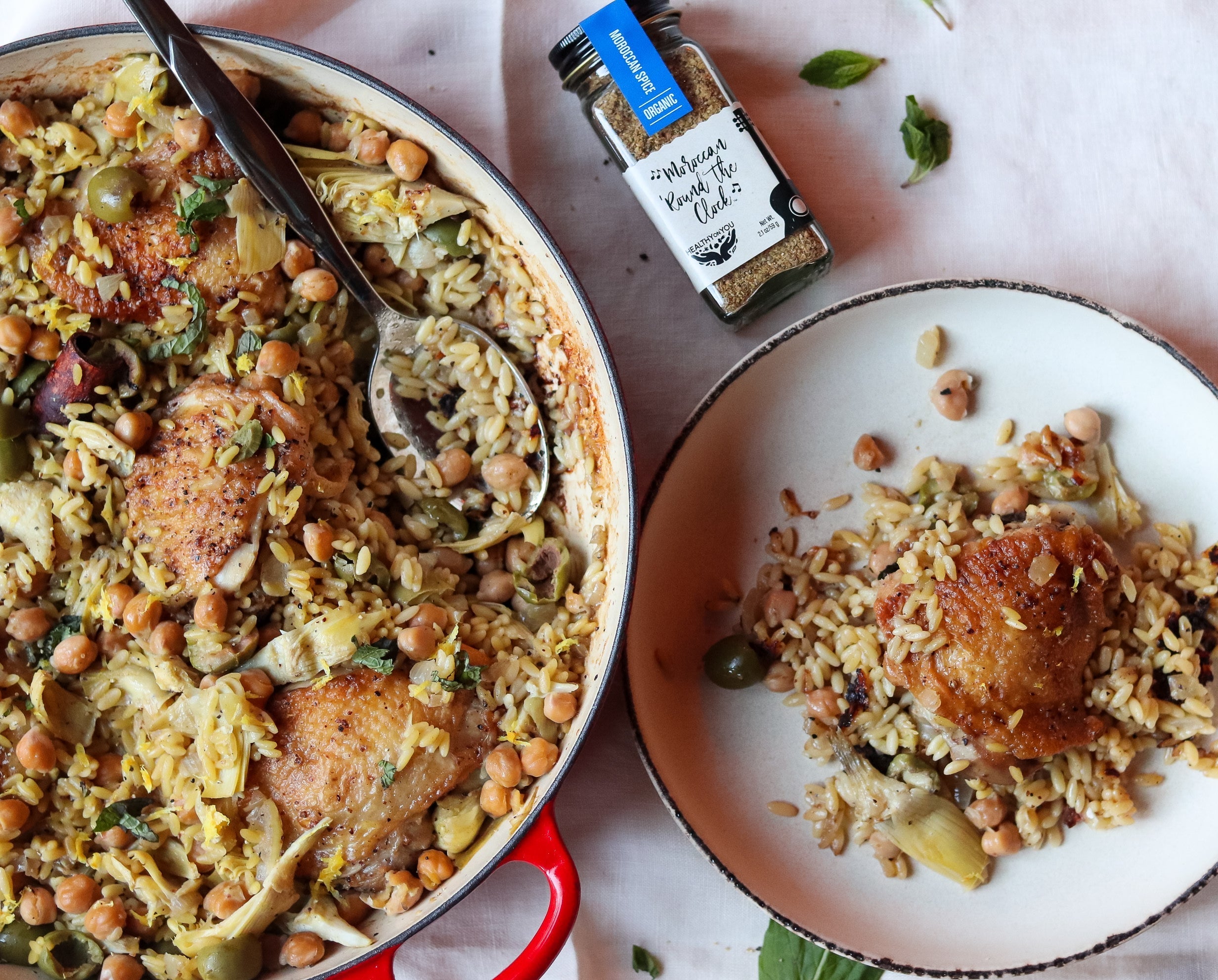 One Pot Moroccan Spiced Artichoke Chicken and Orzo