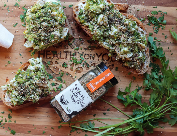 Herby Avocado Egg Toasts with Za'atar using or While My Za'atar Gently Weeps Spice blend