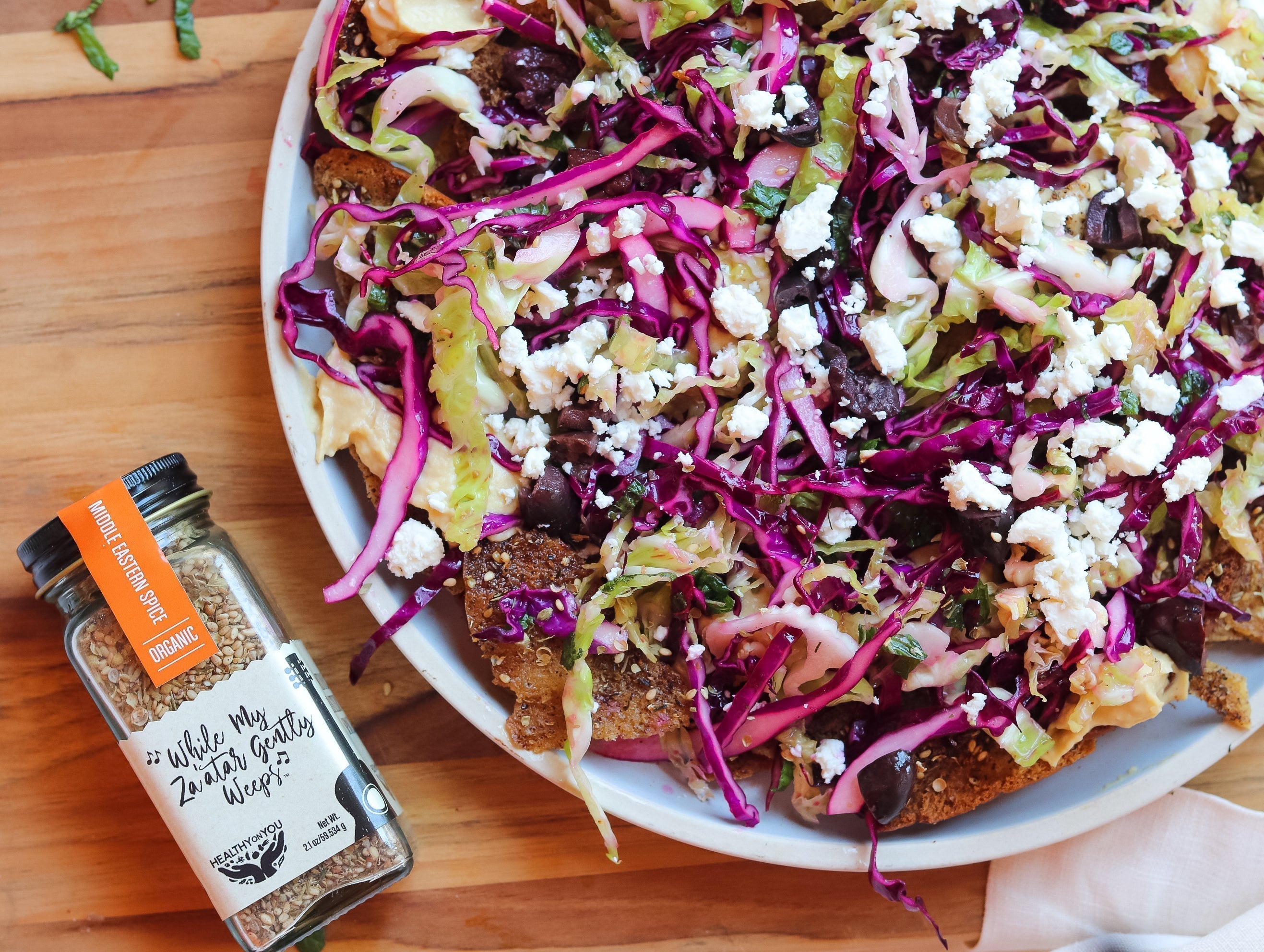 Za'atar Nachos with Cabbage, Feta & Hummus
