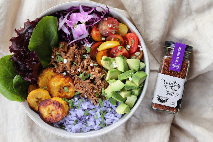 spicy pork and plantain burrito bowl