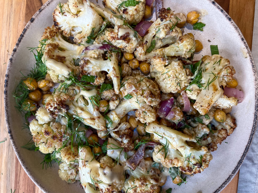 Roasted Cauliflower & Chickpeas with Lemony Tahini Dressing