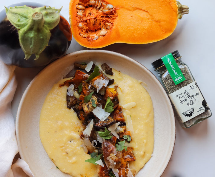 Roasted Eggplant & Butternut Squash Agrodolce over Creamy Polenta