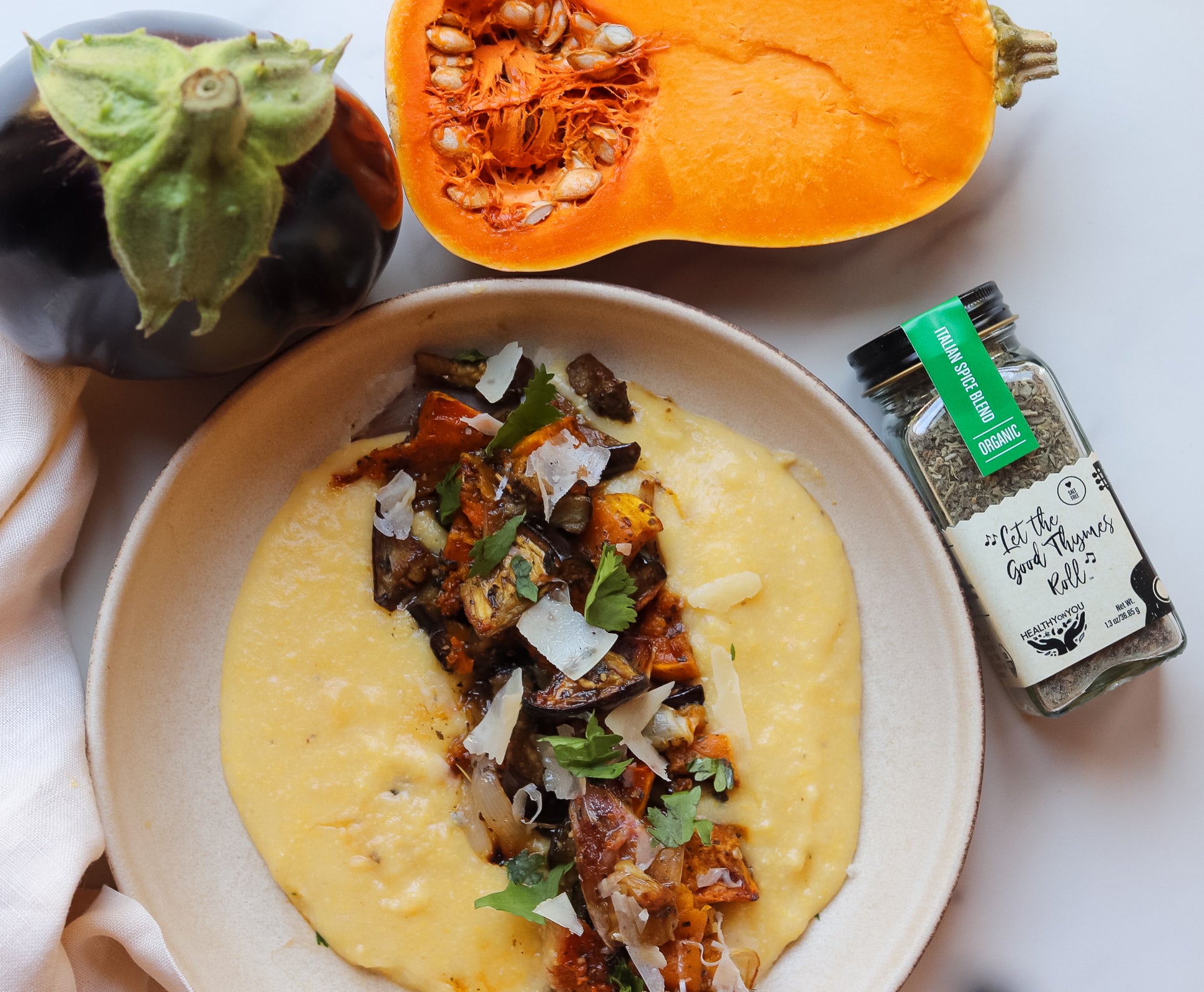 Roasted Eggplant & Butternut Squash Agrodolce over Creamy Polenta