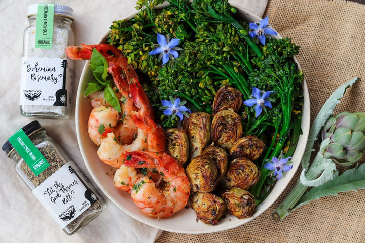 shrimp and baby artichoke broccolini bowl