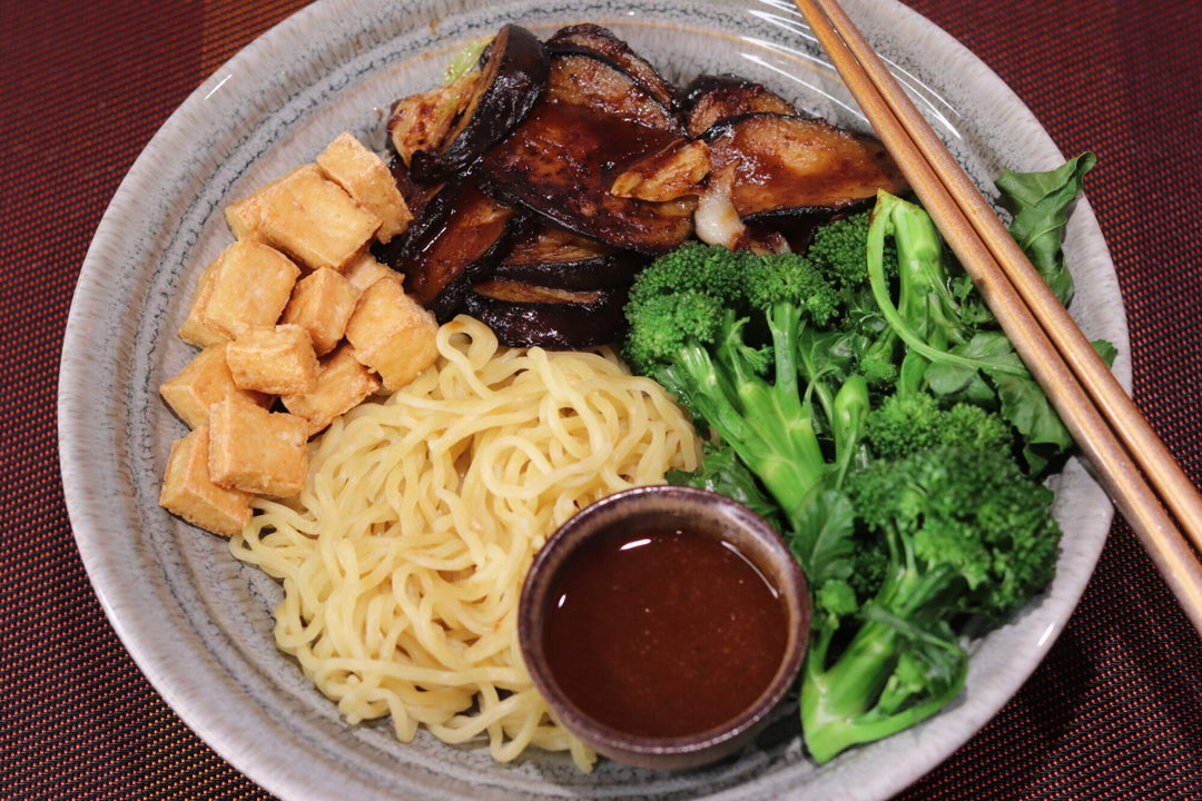 Jerked Hoisin Eggplant With Garden Fresh Broccoli And Fried Tofu