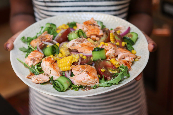 salmon salad with summer vegetables and zaatar dressing