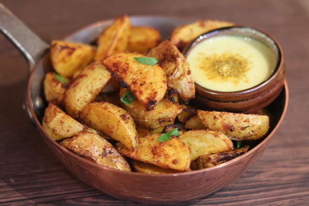 Smoky Potato Wedges with Turmeric Ginger Dipping Sauce