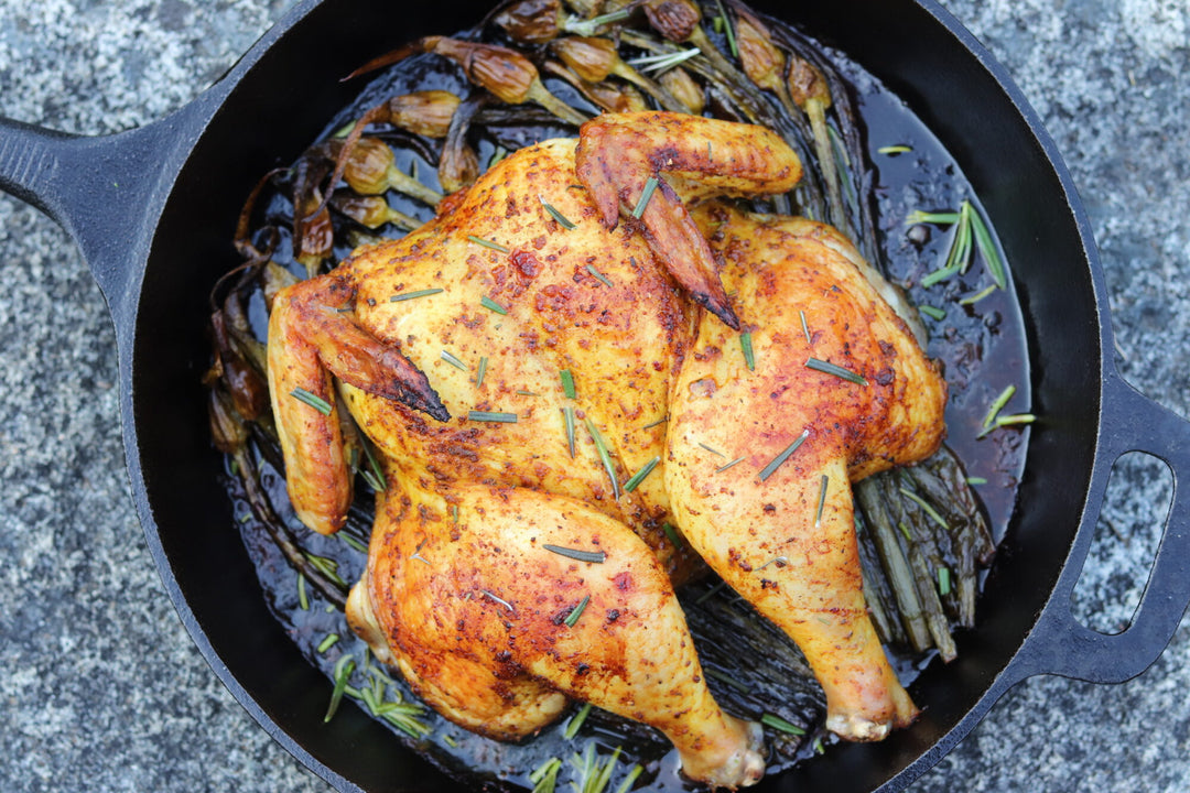 Smoky Spatchcock Chicken with Rosemary and Garlic Scapes