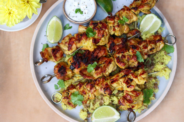 turmeric ginger chicken skewers with lemony yogurt sauce