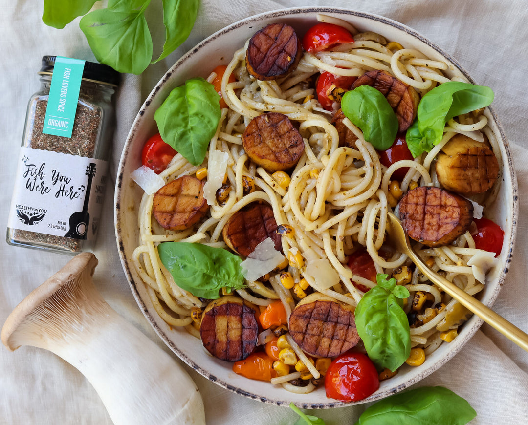 Vegan “Scallops” With Tomato Basil Pasta