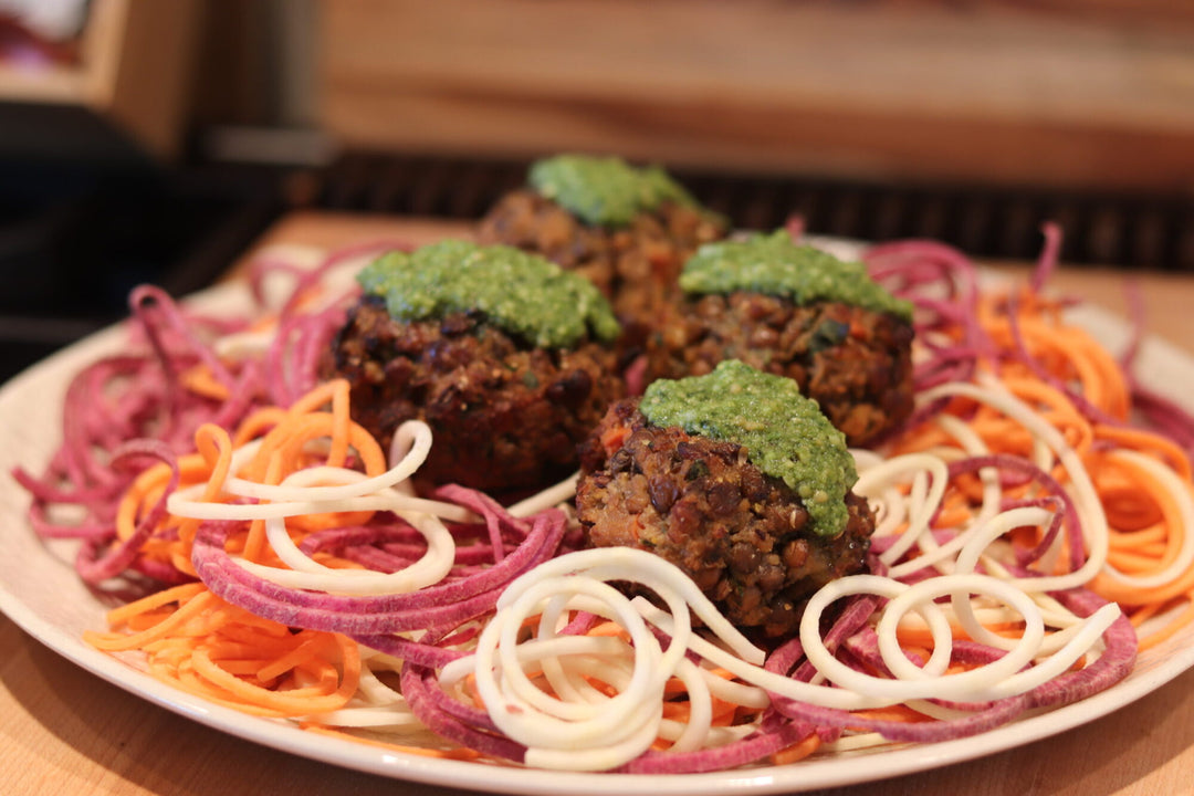 Za’atar Spiced Lentil Meatballs With Sweet Potato Noodles