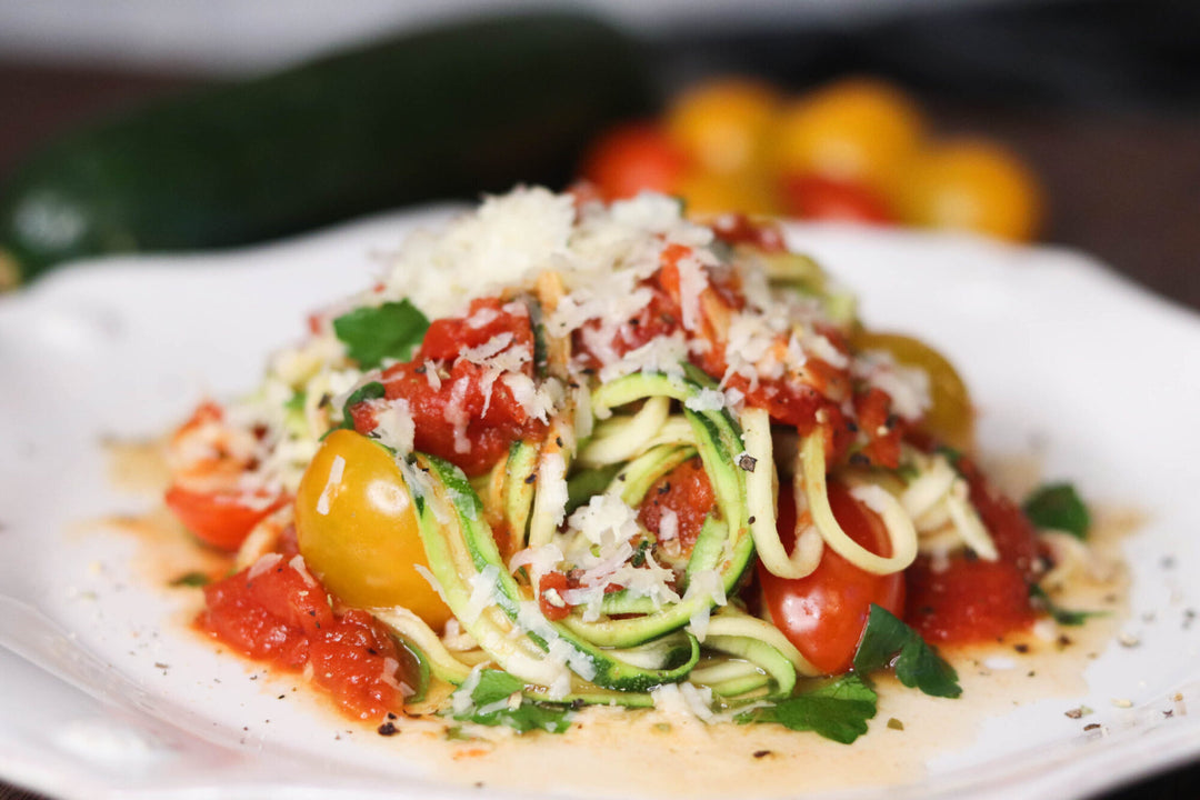 Zucchini Zoodles with Stewed and Fresh Tomatoes