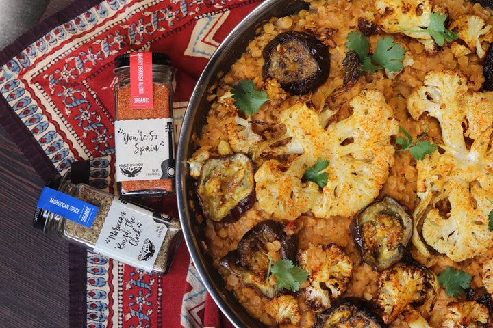moroccan lentils with roasted cauliflower and eggplant