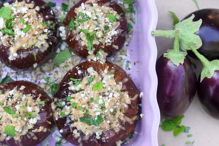 za’atar spiced cauli-rice stuffed eggplant