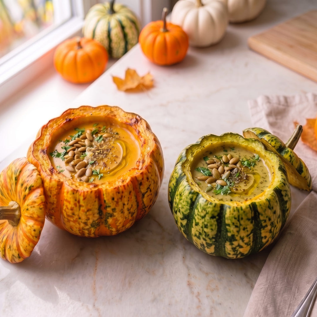Baked Squash Bowls with Moroccan-Spiced Kabocha Soup