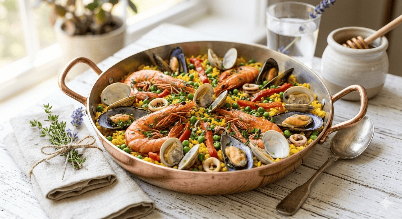 This is an image of seafood paella with shrimp featuring Healthy On You Savory Spanish Spice Blend. This is taught in our cooking classes